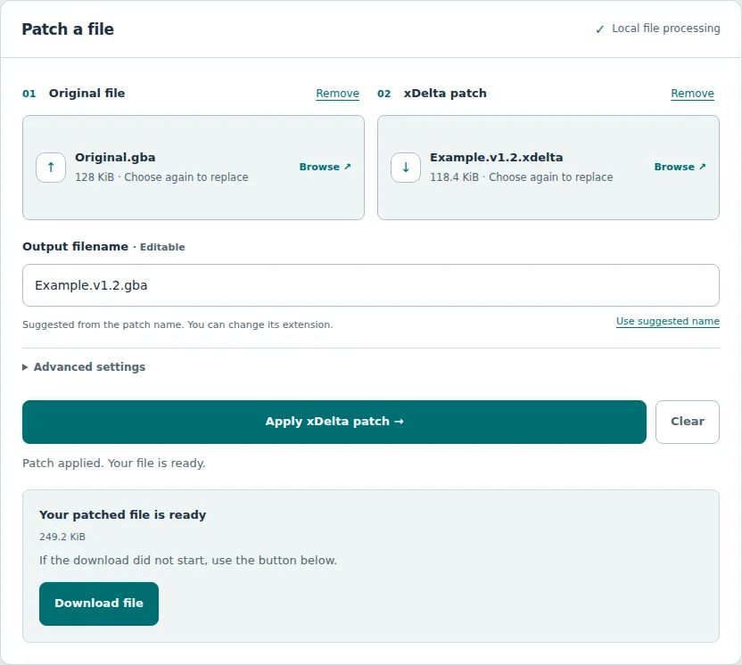 The working patcher showing Your patched file is ready and the Download file button after a successful synthetic patch