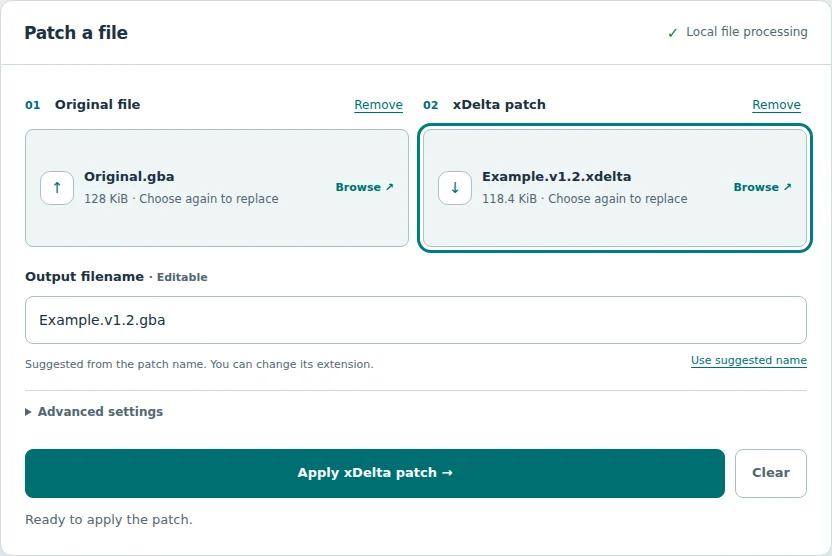 The patcher with synthetic original and patch files selected