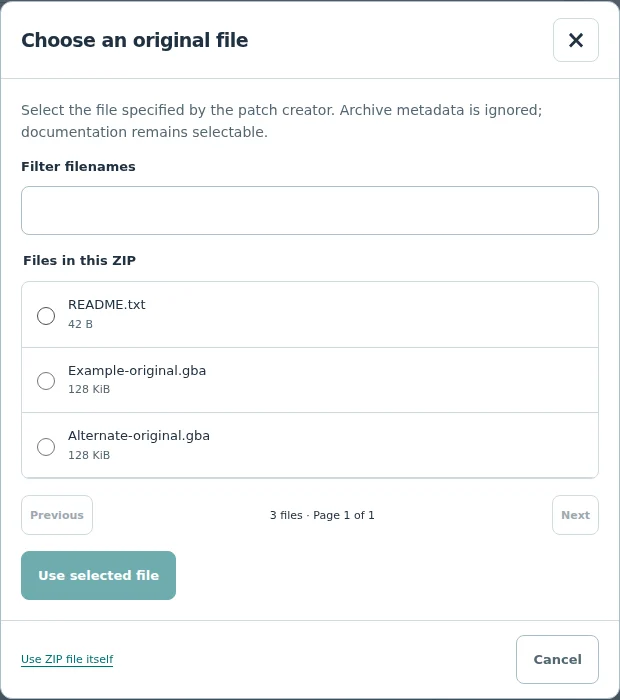 The ZIP file chooser listing two synthetic source files and a README, with a filter and Use selected file button